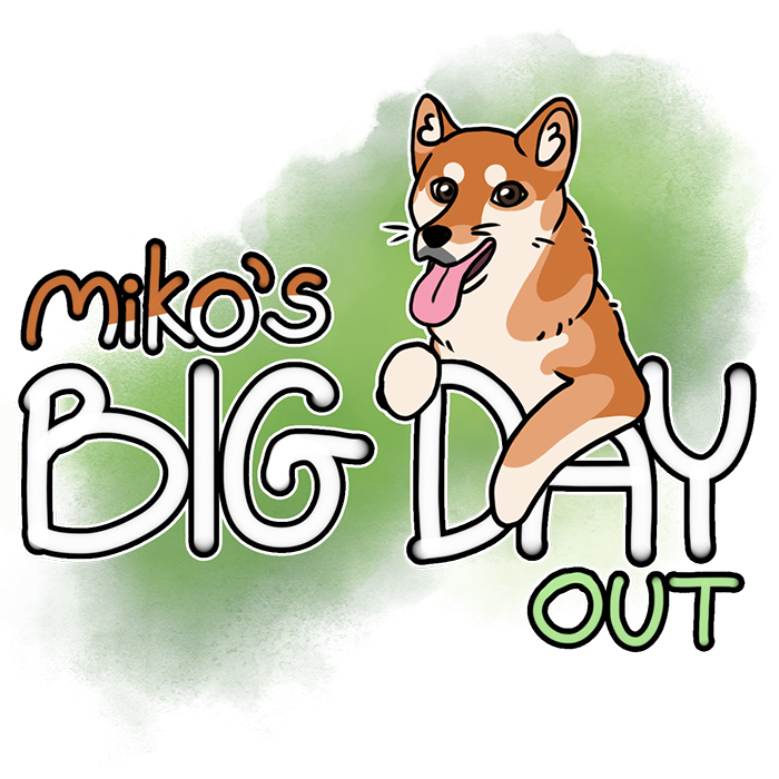 Cartoon shiba leaning on the words 'Miko's Big Day Out'