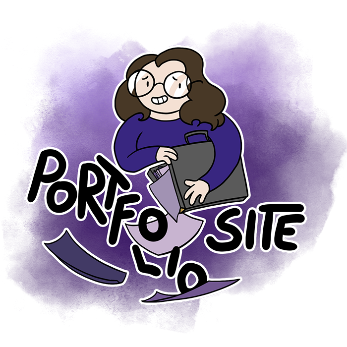 Cartoon girl holding a portfolio case with papers and the words 'Portfolio Site' spilling out